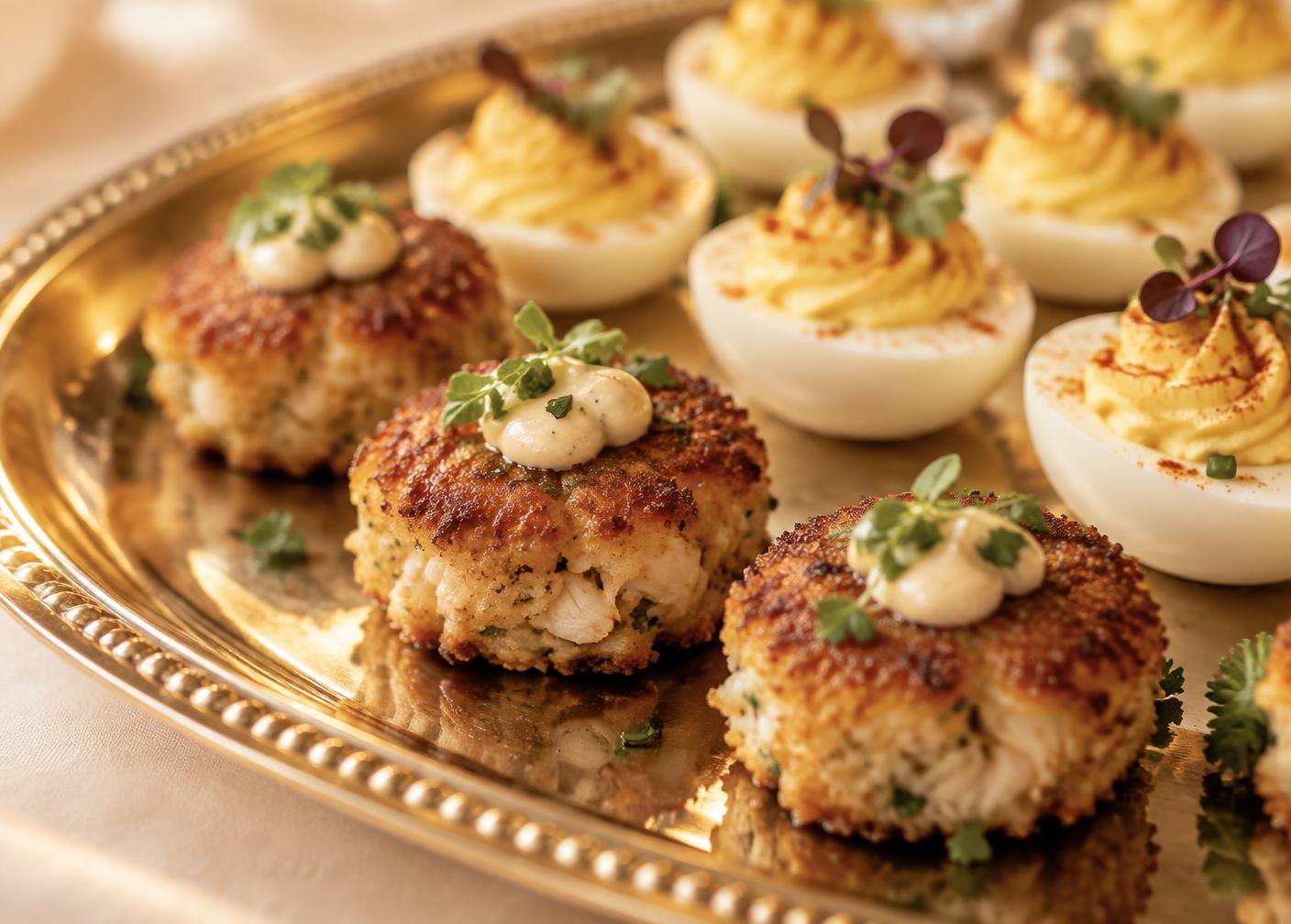 Mini crab cakes and deviled eggs on a gold tray