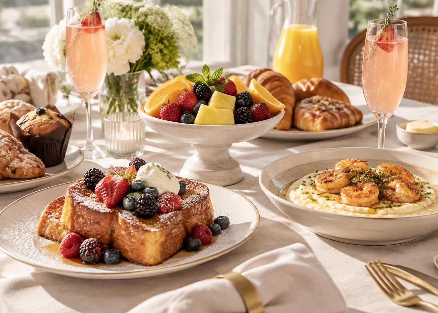Brunch table with brioche French toast, shrimp and grits, fruit, and pastries