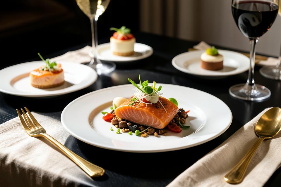 Premium salmon entrée and dessert representing the Delight package