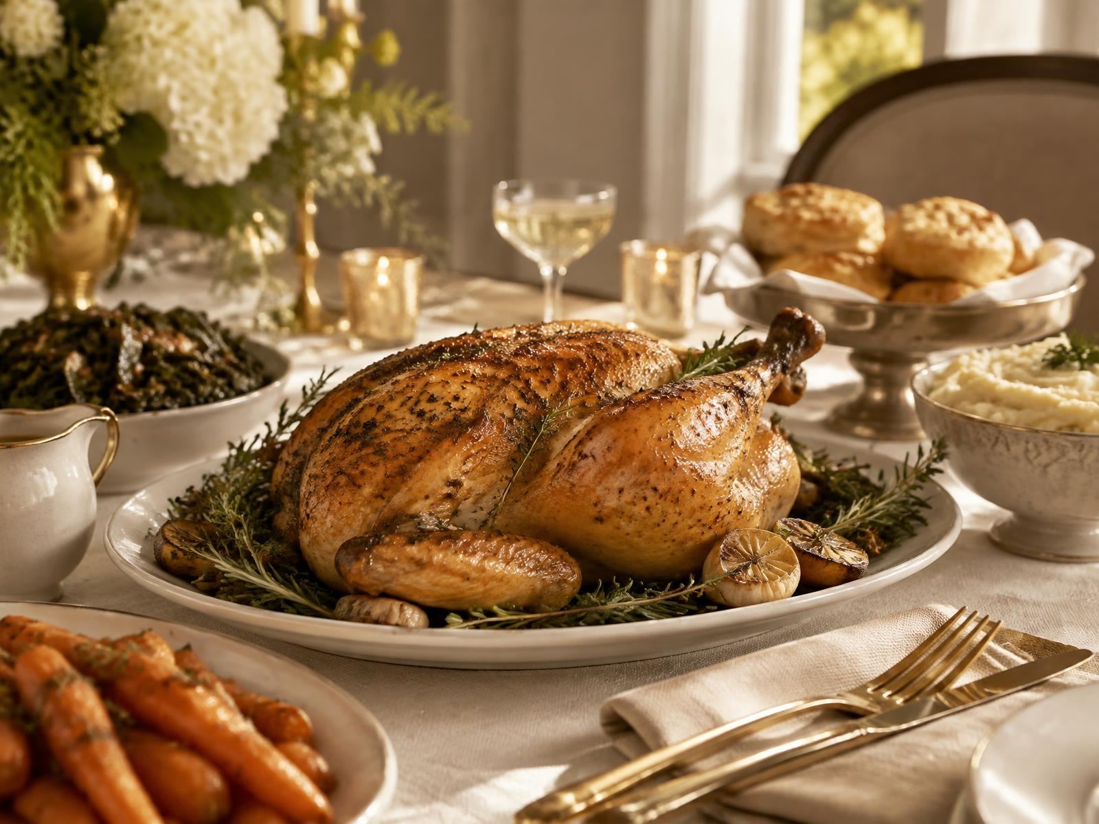 Roasted chicken, biscuits, and seasonal sides on an ivory catering table