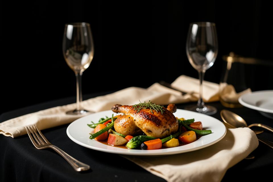 Herb-roasted chicken plated with seasonal vegetables at an elegant table