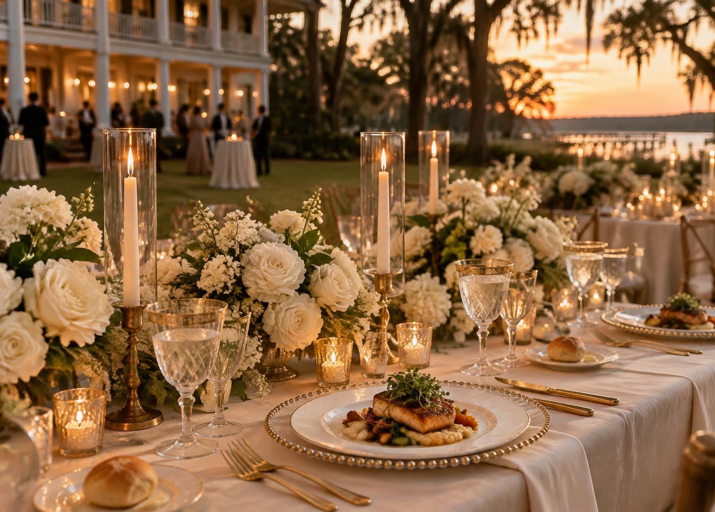 Plated entrée on a candlelit reception table